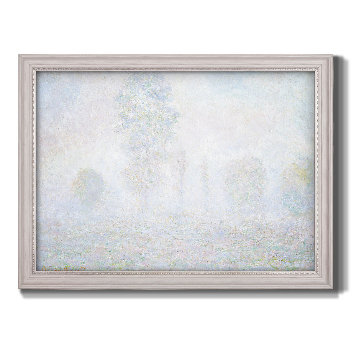 Impressionist atmospheric landscape in morning haze by Claude Monet printed on canvas in an ornate weathered white frame.