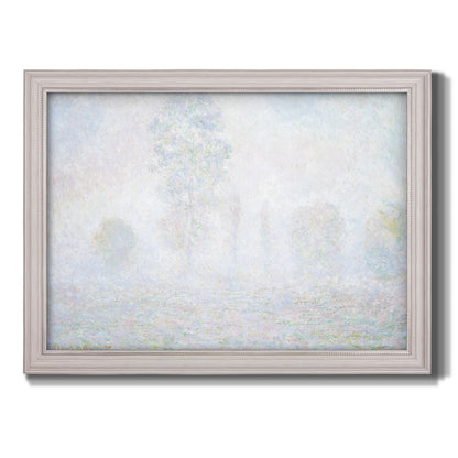 Impressionist atmospheric landscape in morning haze by Claude Monet printed on canvas in an ornate weathered white frame.