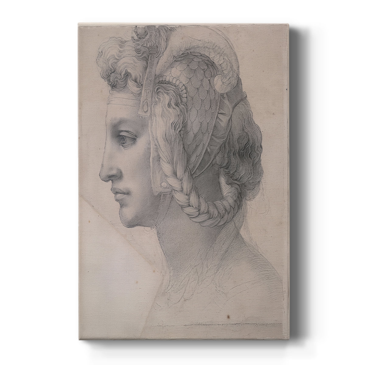 Canvas art print featuring a Renaissance drawing of a woman's head with soft shading and classical form on a clean white background.