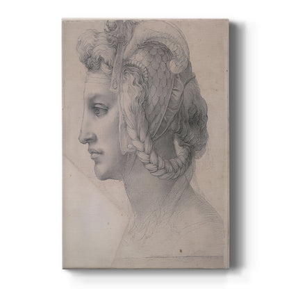 Canvas art print featuring a Renaissance drawing of a woman's head with soft shading and classical form on a clean white background.