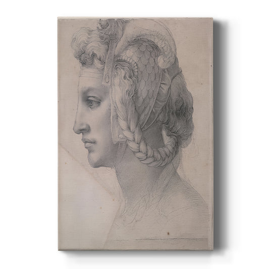 Canvas art print featuring a Renaissance drawing of a woman's head with soft shading and classical form on a clean white background.