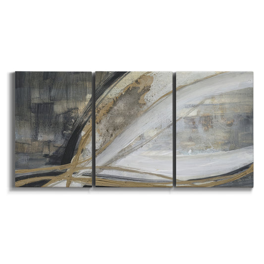 Three-panel canvas wall art featuring spiraling abstract vortex motion on white background.