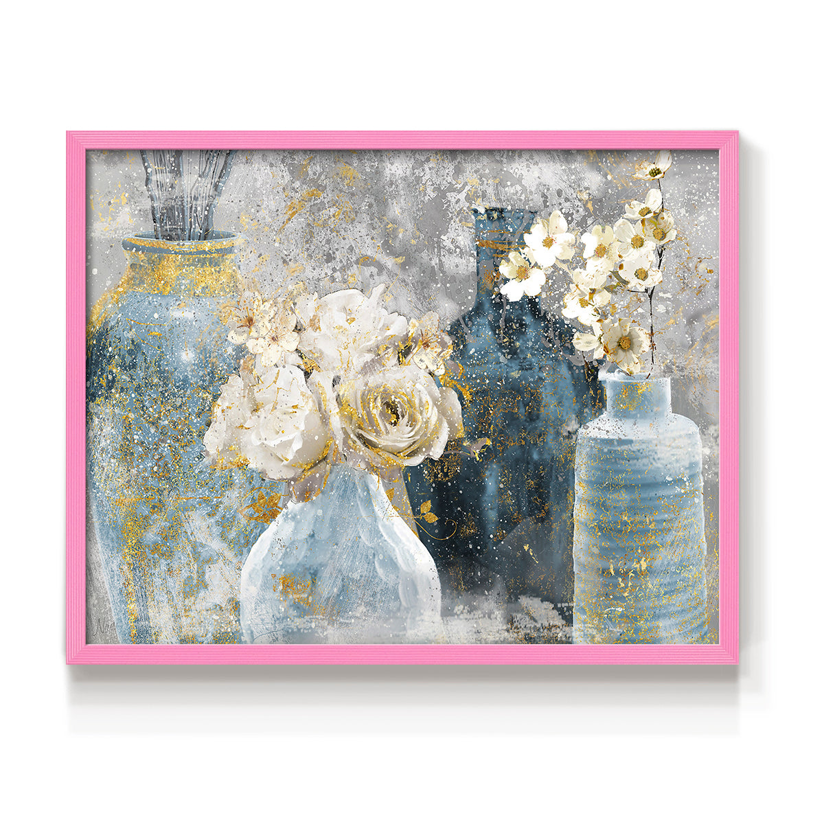 Vessels and Blooms Blues - Restickable Framed Art Print