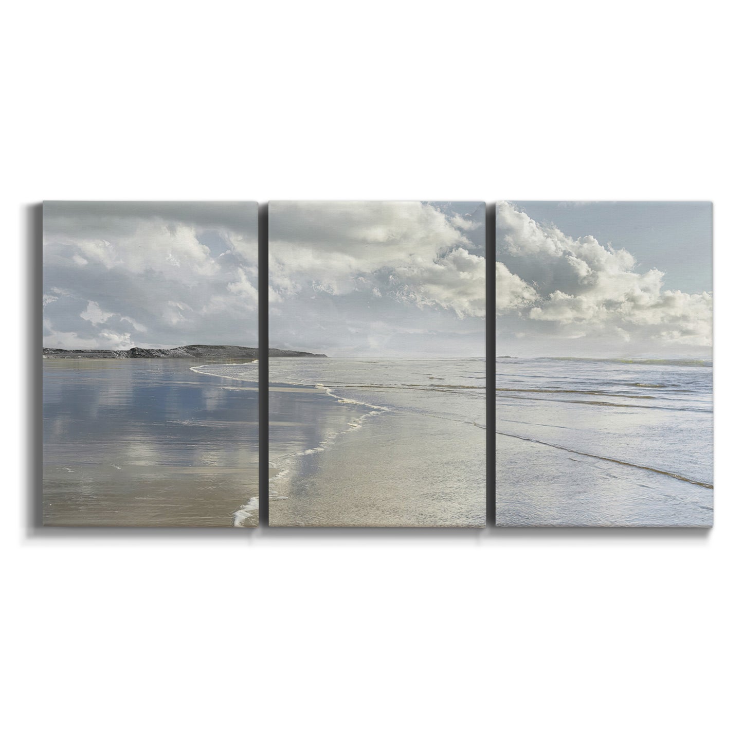 Three-panel canvas wall art featuring endless beach meeting ocean horizon on white background.