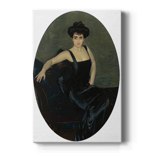 Canvas art print featuring an impressionist portrait of a woman in dark attire with soft luminous light on a clean white background.
