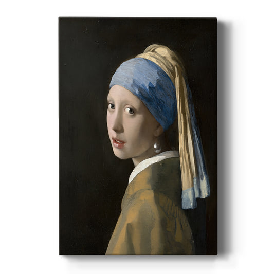 Canvas art print featuring a Baroque portrait of a young woman wearing a pearl earring with soft light on a clean white background.