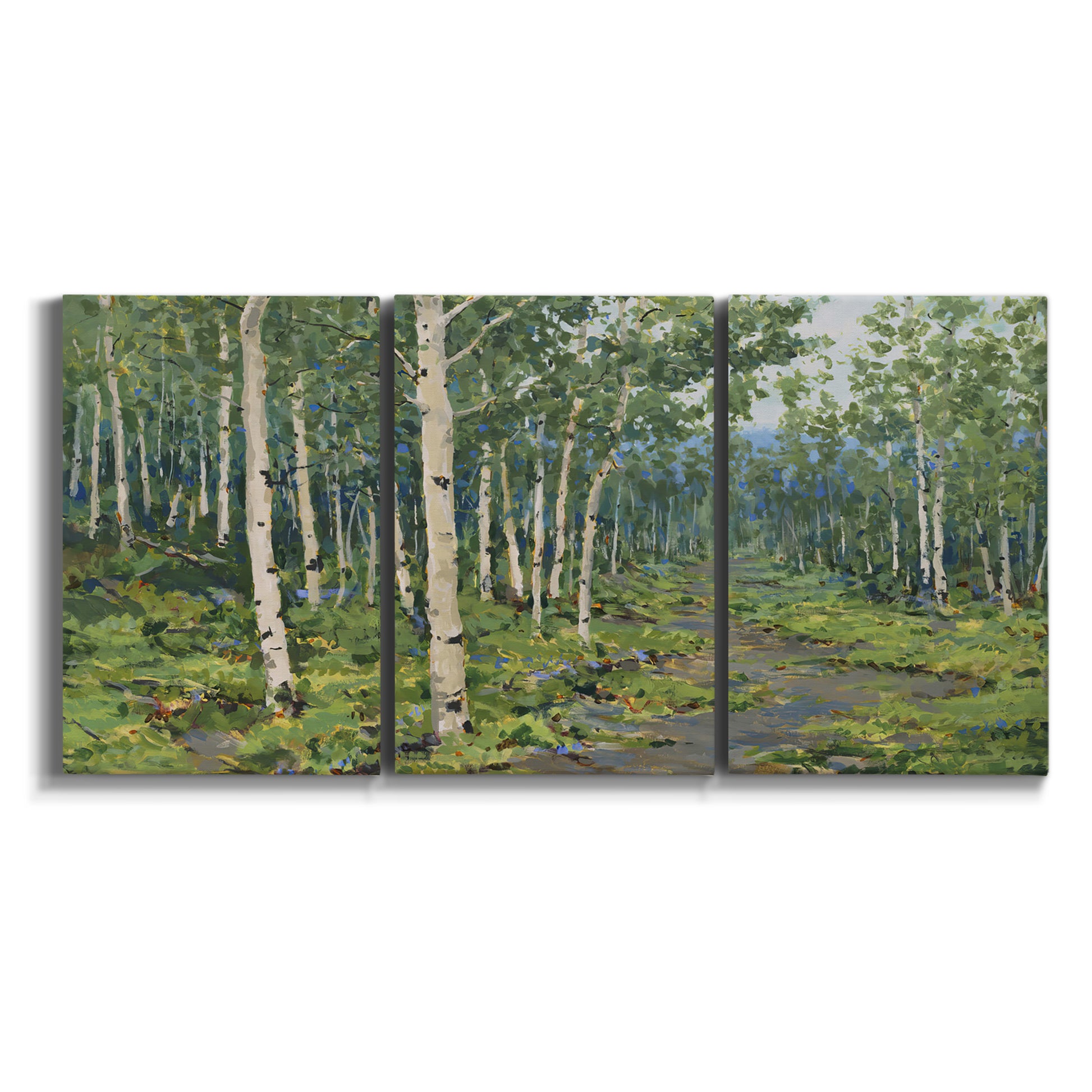 Three-panel canvas wall art featuring woodland forest scene with tall trees on white background.