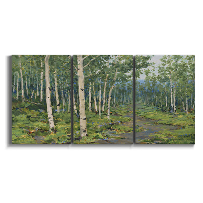 Three-panel canvas wall art featuring woodland forest scene with tall trees on white background.