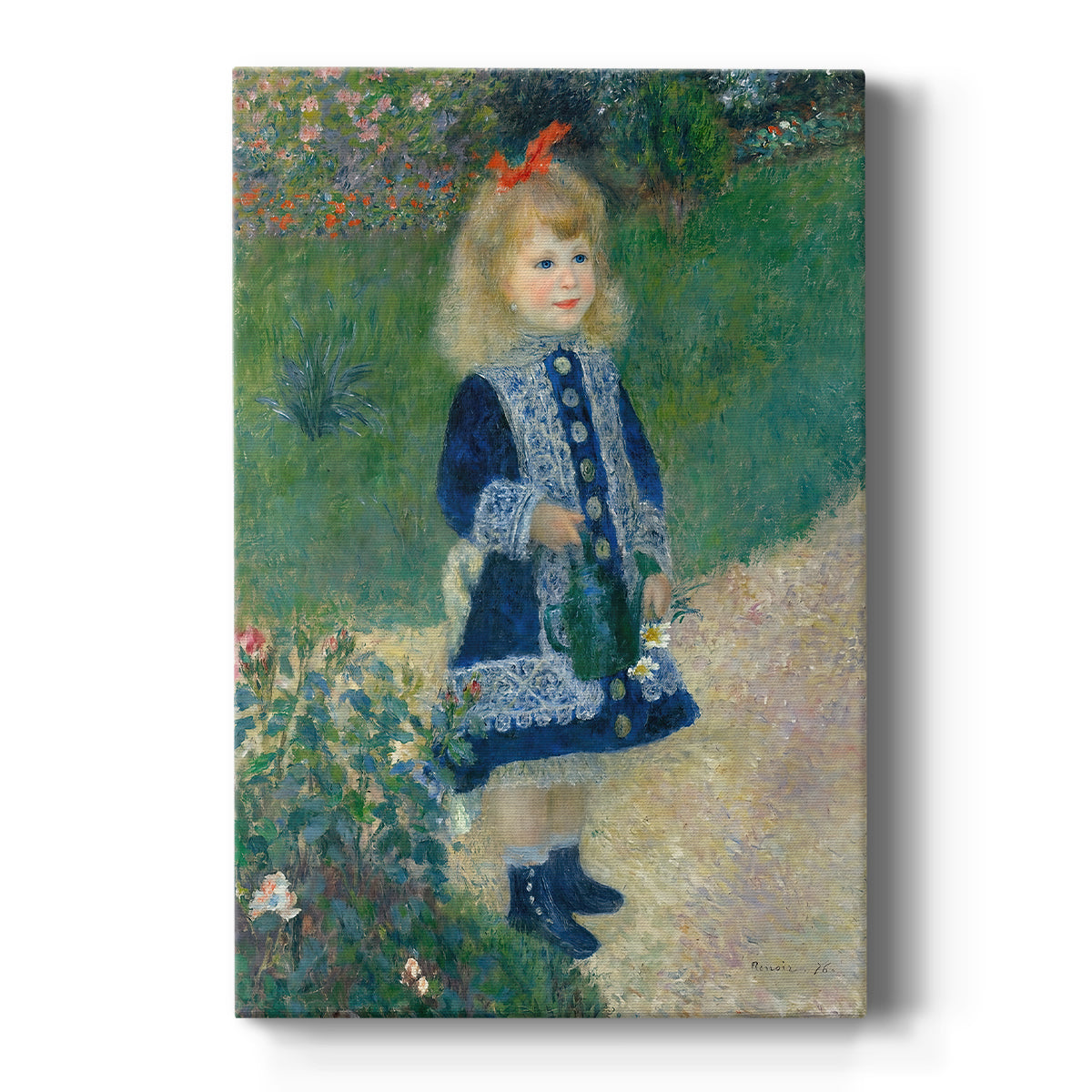 Canvas art print featuring an impressionist portrait of a young girl holding a watering can in a garden on a clean white background.