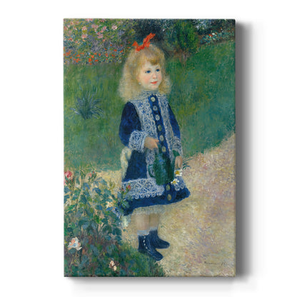 Canvas art print featuring an impressionist portrait of a young girl holding a watering can in a garden on a clean white background.