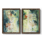 Set of two walnut barnwood framed canvas prints featuring two nature-inspired mixed-media abstracts featuring layered blue green cream and charcoal textures.