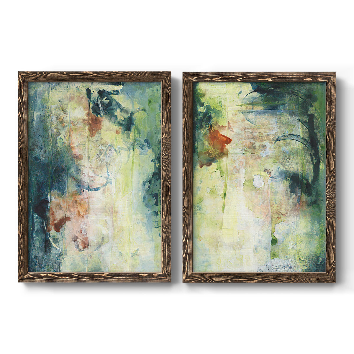 Set of two walnut barnwood framed canvas prints featuring two nature-inspired mixed-media abstracts featuring layered blue green cream and charcoal textures.