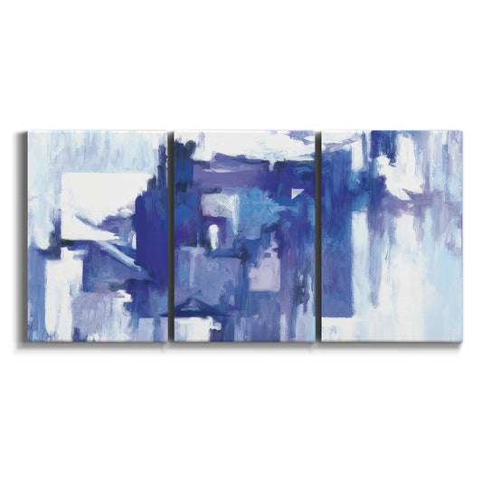 Three-panel canvas wall art featuring abstract urban street scene on white background.