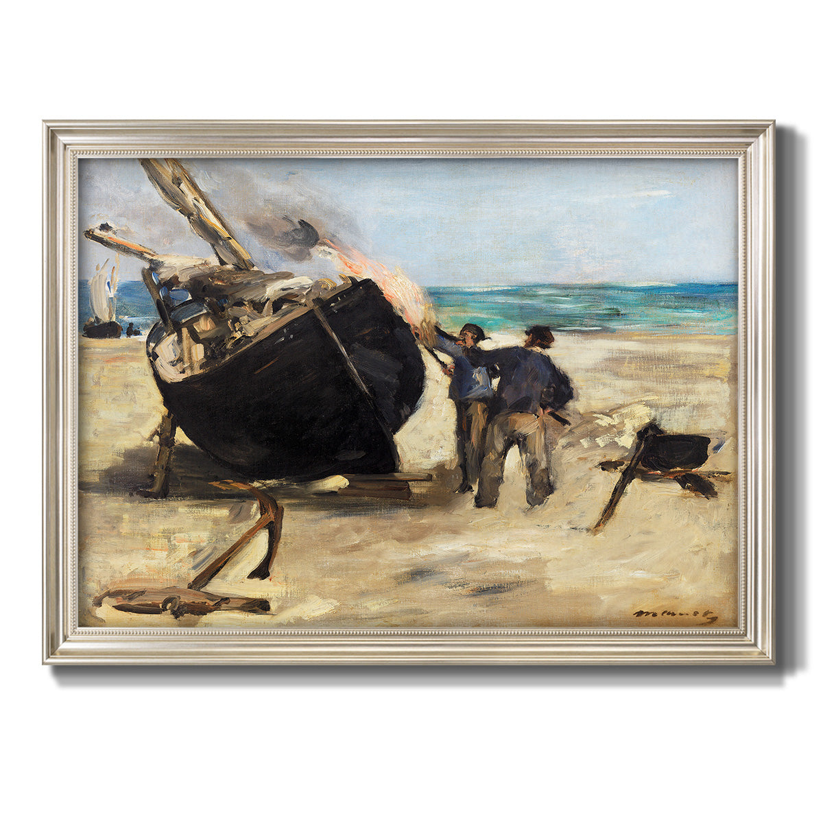 Impressionist nautical work scene by Édouard Manet printed on canvas in an ornate champagne frame.