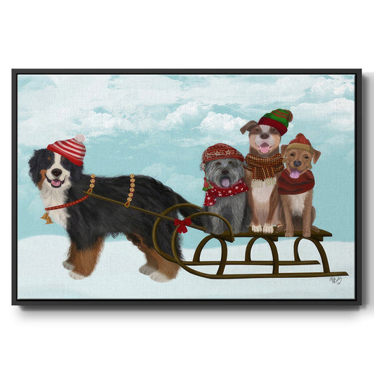 Christmas Mutt Sled - Framed Gallery Wrapped Canvas in Floating Frame