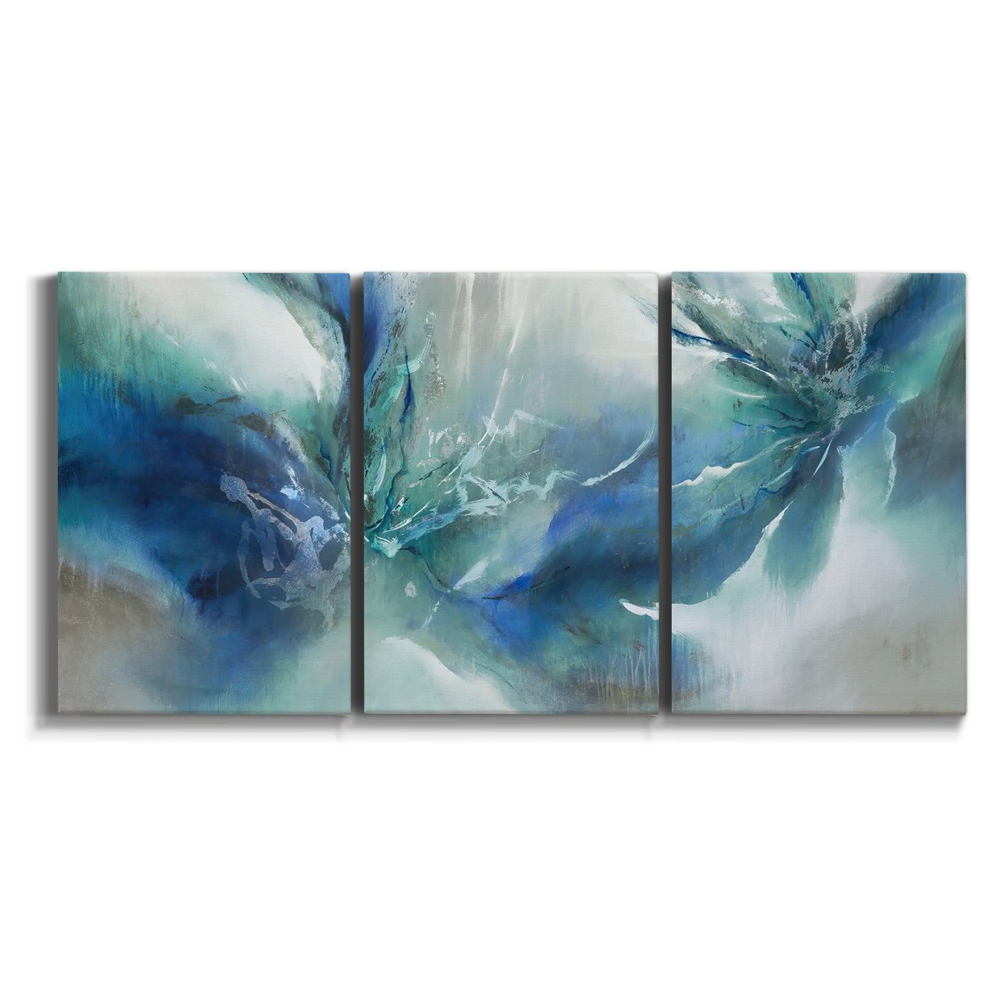 Three-panel canvas wall art featuring subtle abstract light flicker composition on white background.
