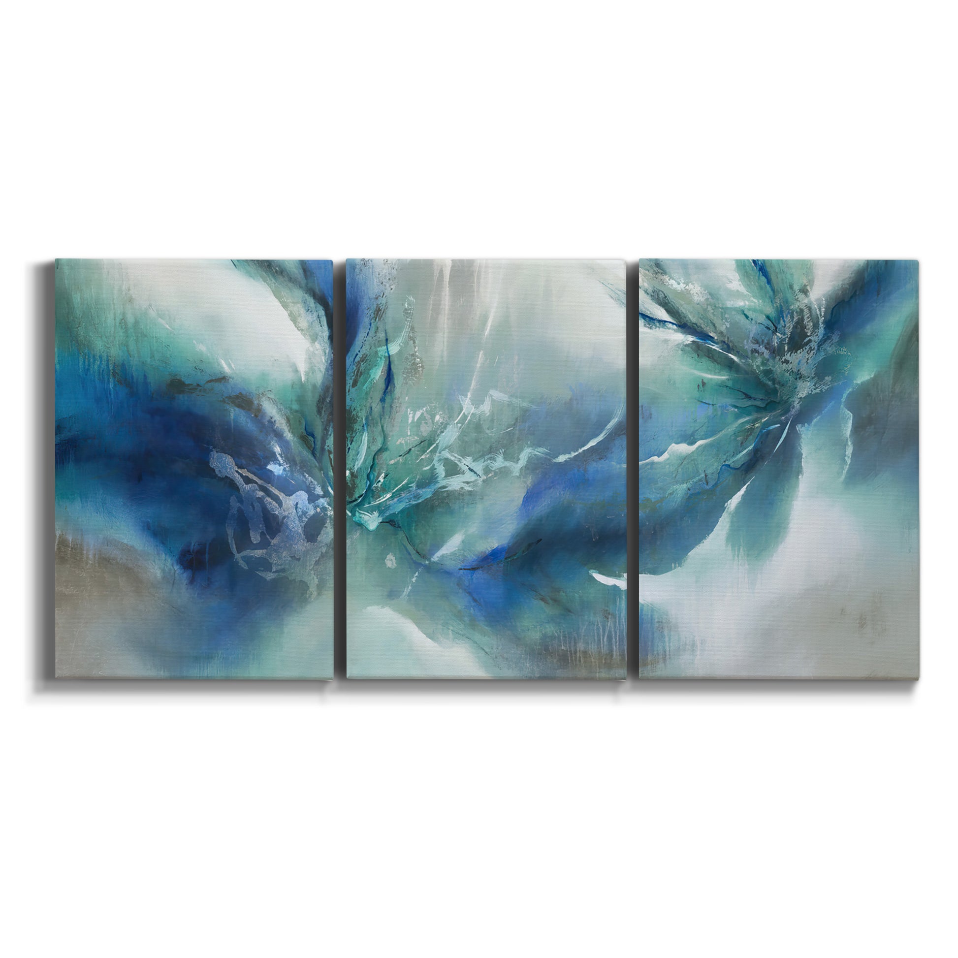 Three-panel canvas wall art featuring subtle abstract light flicker composition on white background.