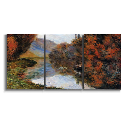 Three-panel canvas wall art featuring rowboat on quiet river bend on white background.