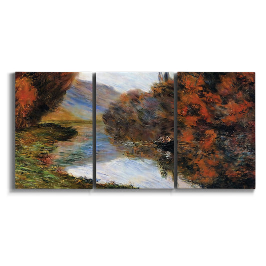 Three-panel canvas wall art featuring rowboat on quiet river bend on white background.