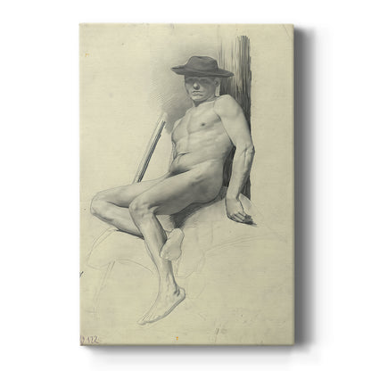 Canvas art print featuring a figure study of a seated male nude wearing a hat in soft pencil lines on a clean white background.