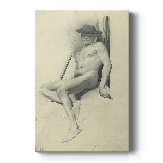 Canvas art print featuring a figure study of a seated male nude wearing a hat in soft pencil lines on a clean white background.