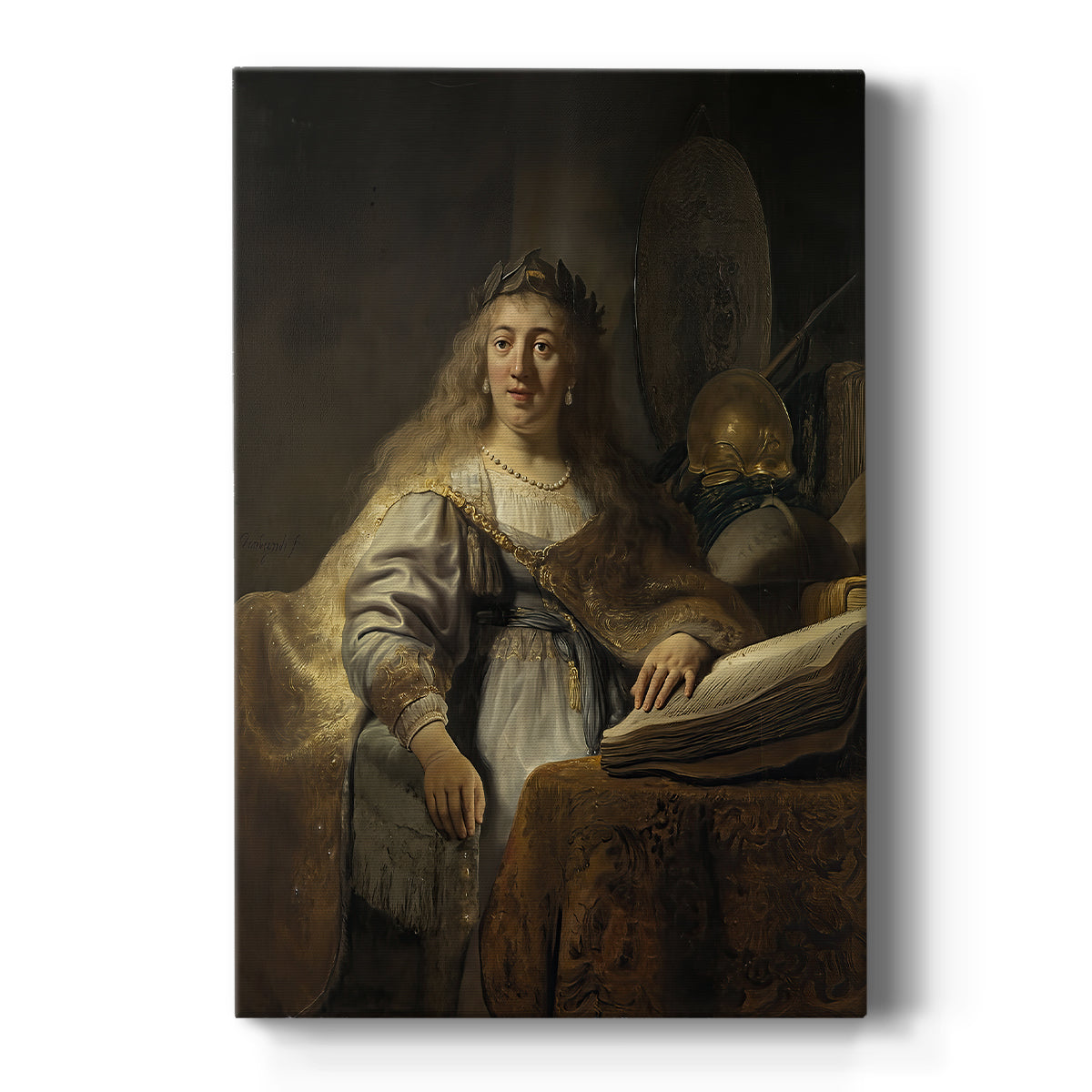 Canvas art print featuring a Baroque scene of a seated woman in scholarly setting with soft light on a clean white background.