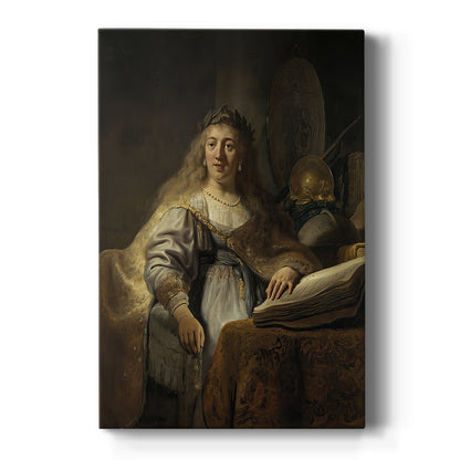 Canvas art print featuring a Baroque scene of a seated woman in scholarly setting with soft light on a clean white background.