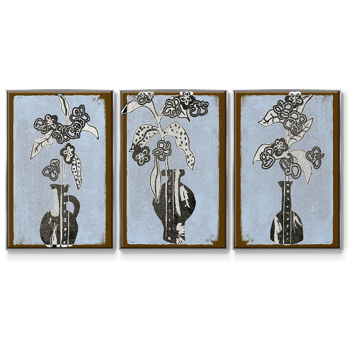 Graphic Flowers in Vase I - Framed Premium Gallery Wrapped Canvas L Frame 3 Piece Set - Ready to Hang