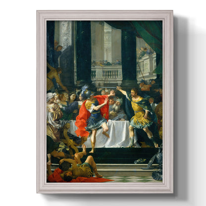 Classical historical painting of Alexander the Great by Donato Creti printed on canvas in an ornate champagne frame with a vertical orientation.