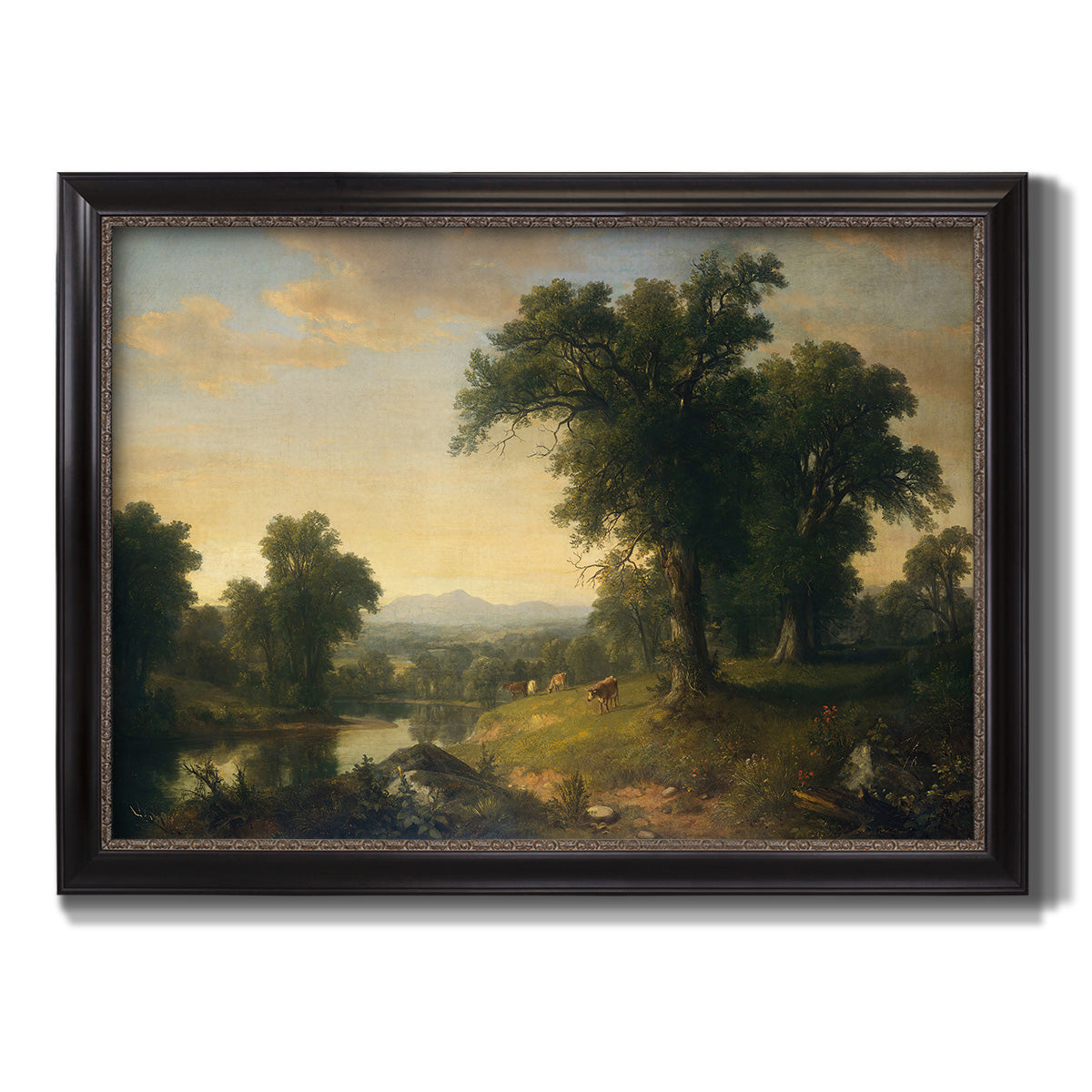Traditional pastoral landscape painting by Asher Brown Durand printed on canvas in an ornate black frame with gilded inner detail.
