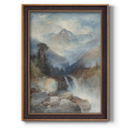 Romantic landscape painting of the Rocky Mountains by Thomas Moran printed on canvas in an ornate bronzed mahogany wood frame with a vertical orientation.