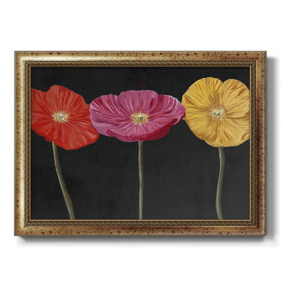 Contemporary poppy flower artwork printed on canvas in an ornate vintage gold frame.
