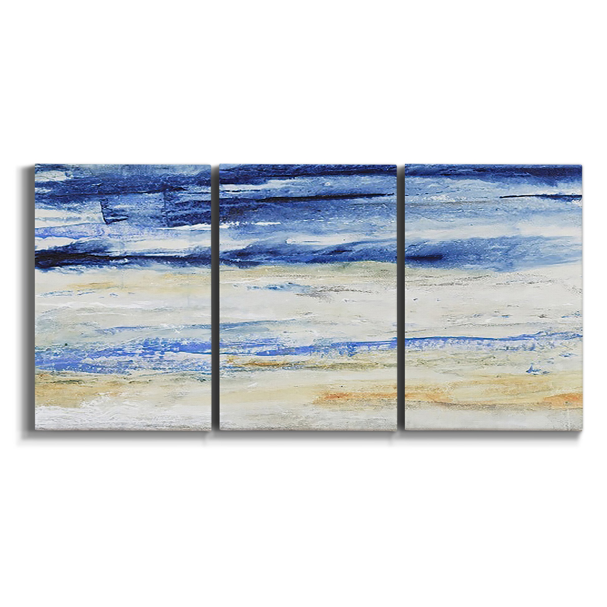 Three-panel canvas wall art featuring turbulent abstract ocean wave motion on white background.