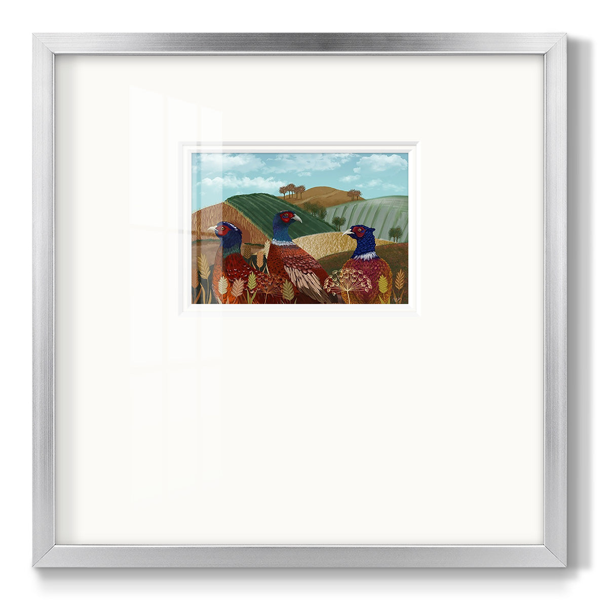 Pheasant Trio in Field - Double Matboard Framed Print