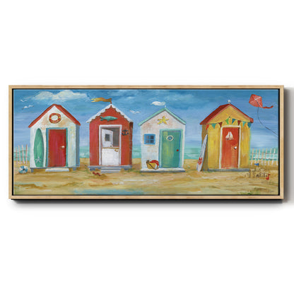 Bright Beach Huts - Floater Framed Canvas Print