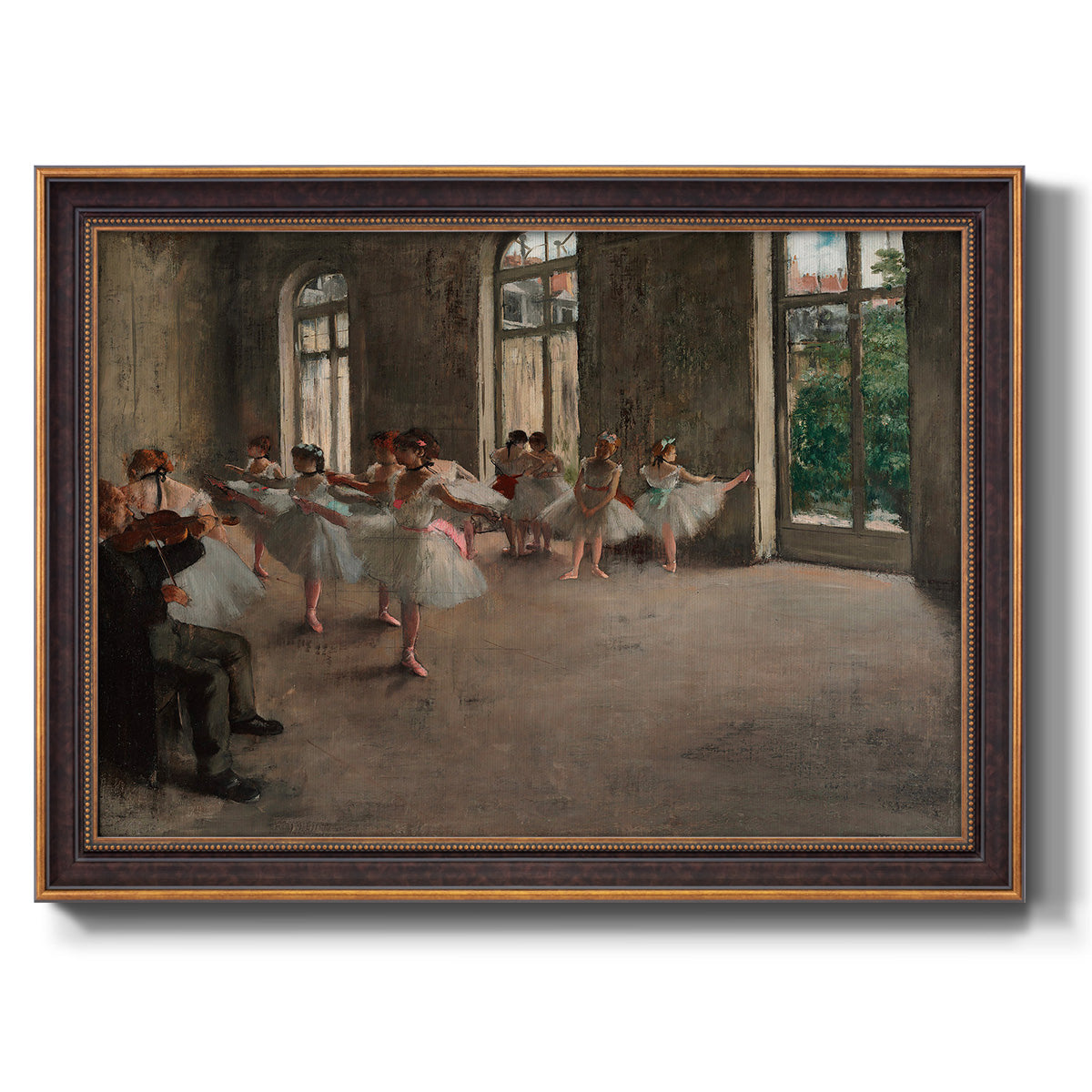 Early impressionist ballet rehearsal painting by Edgar Degas printed on canvas in an ornate bronzed mahogany wood frame.
