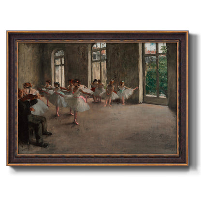 Early impressionist ballet rehearsal painting by Edgar Degas printed on canvas in an ornate bronzed mahogany wood frame.