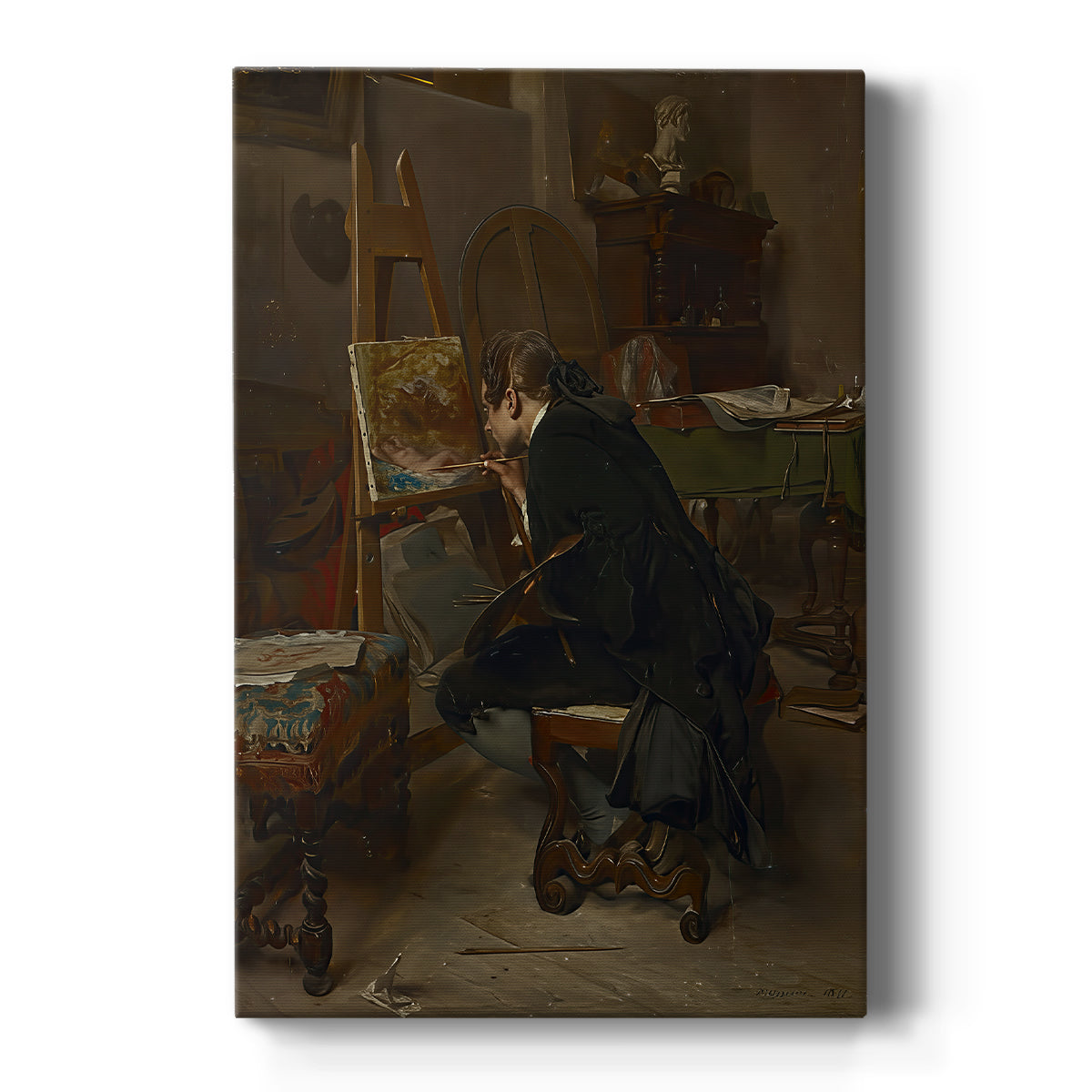 Canvas art print featuring a realistic scene of a painter working in a softly lit interior on a clean white background.