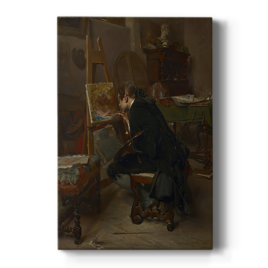 Canvas art print featuring a realistic scene of a painter working in a softly lit interior on a clean white background.
