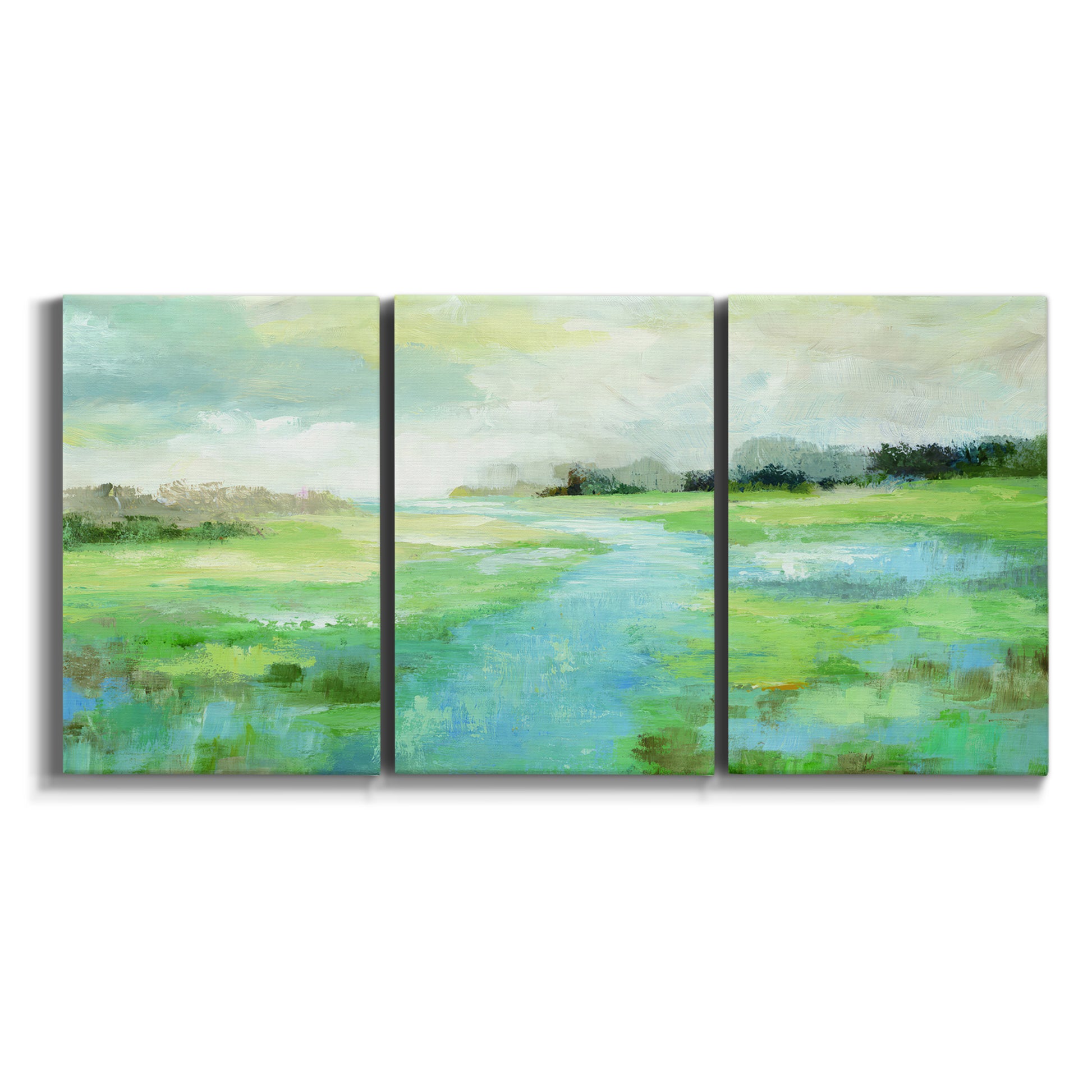 Three-panel canvas wall art featuring gentle stream winding through trees on white background.