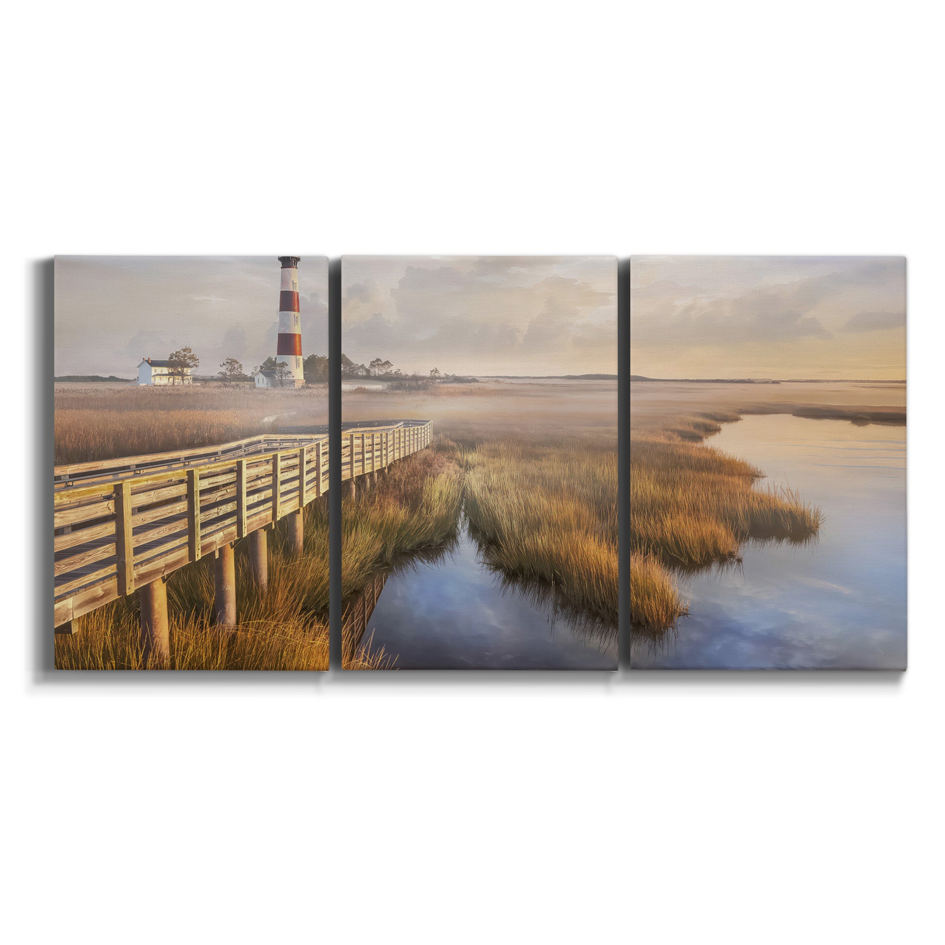 Three-panel canvas wall art featuring coastal path along dunes on white background.