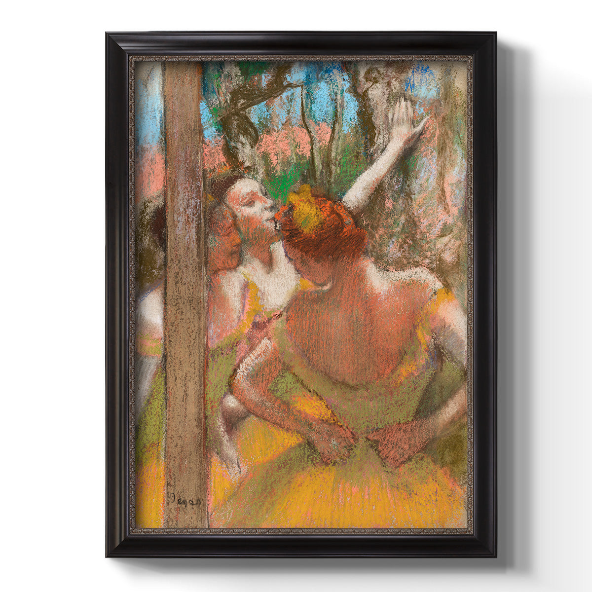 Impressionist ballet dancer composition by Edgar Degas printed on canvas in an ornate bronzed mahogany wood frame with a vertical orientation.
