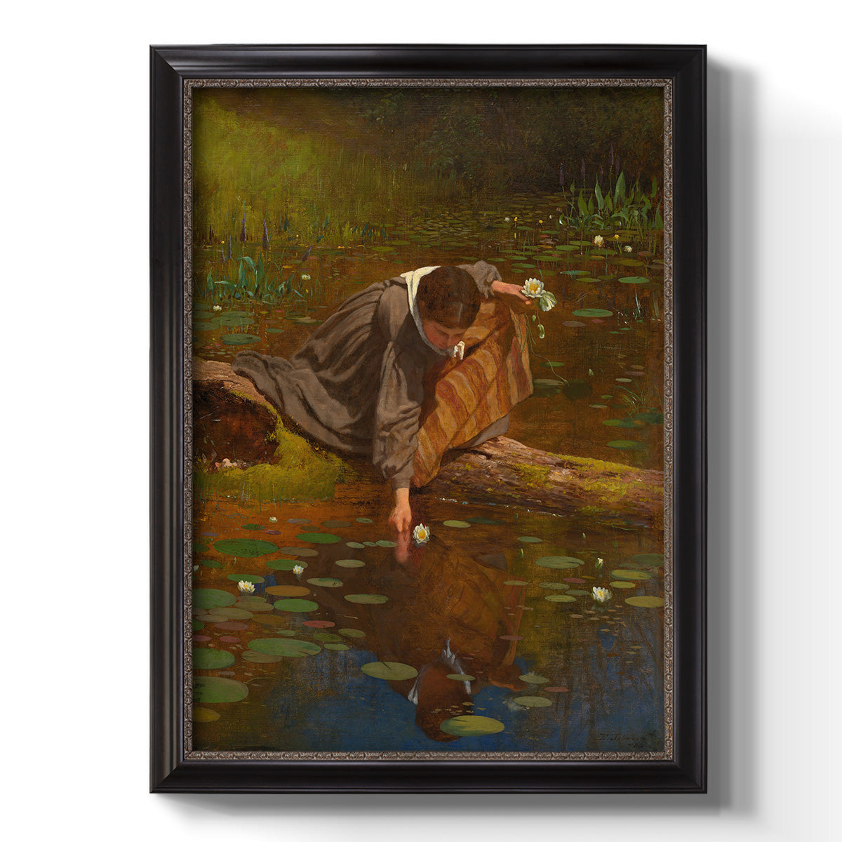 Realist genre painting of figures gathering lilies by Eastman Johnson printed on canvas in an ornate black frame with gilded inner detail with a vertical orientation.