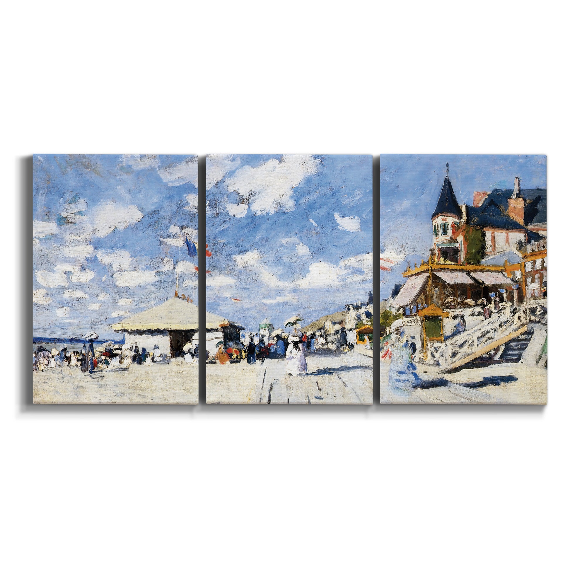 Three-panel canvas wall art featuring beach boardwalk with figures on white background.
