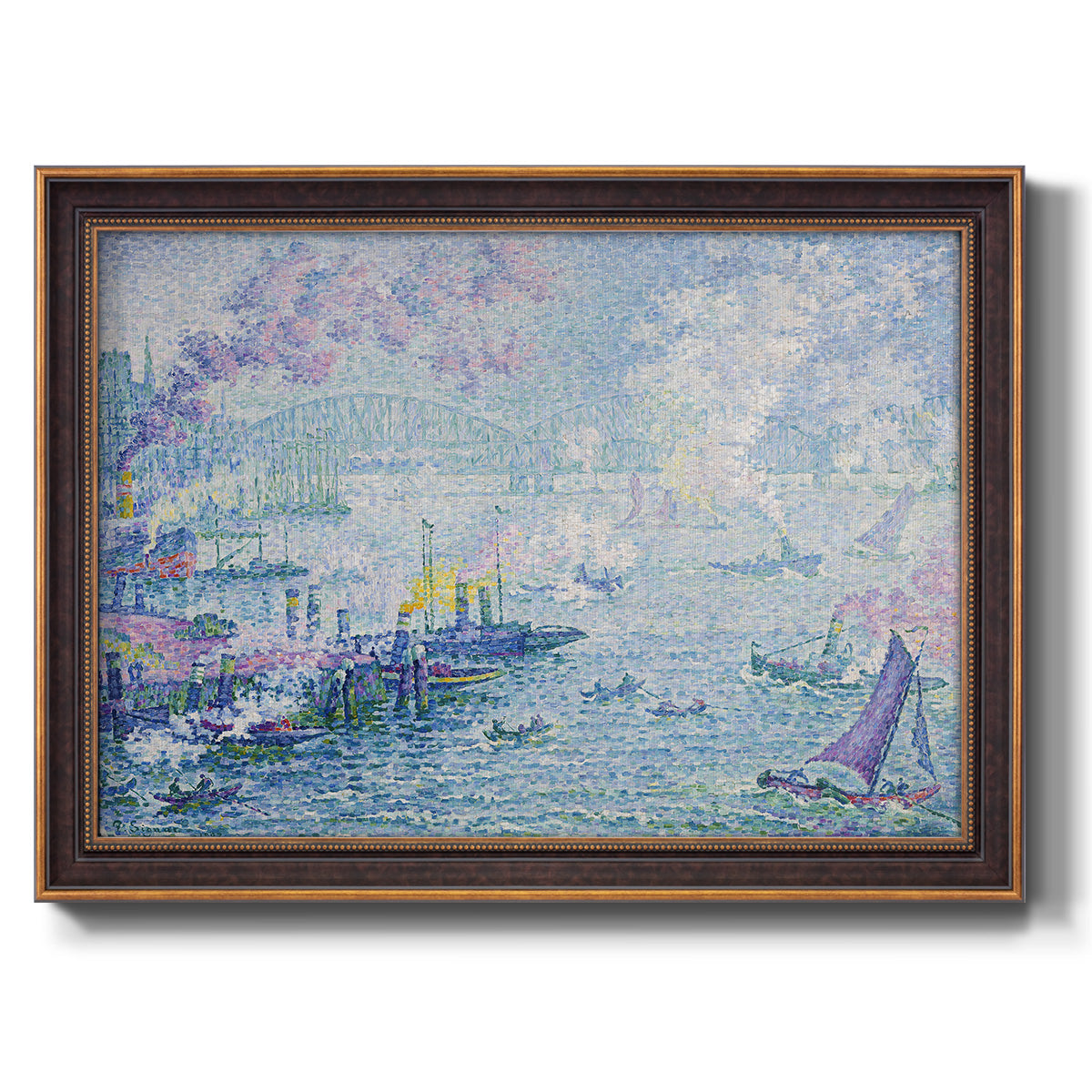 Impressionist industrial harbor scene by Paul Signac printed on canvas in an ornate bronzed mahogany wood frame.