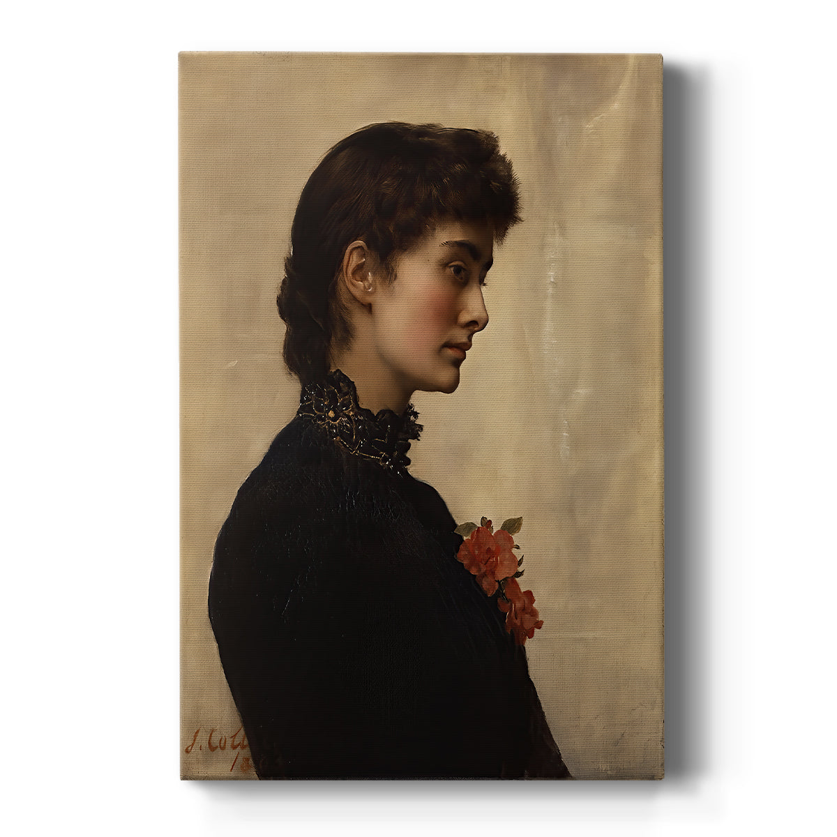 Canvas art print featuring a Victorian portrait of a woman in profile with soft light and dark background on a clean white background.
