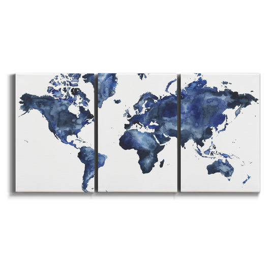 Three-panel canvas wall art featuring world map with water motif on white background.