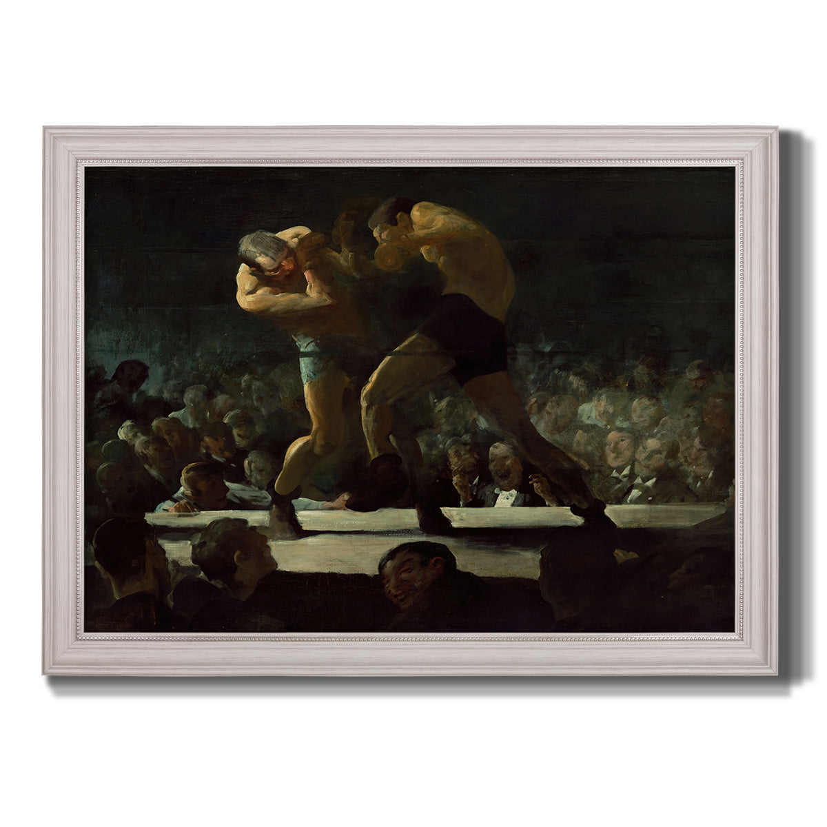 American social club scene painting by George Bellows printed on canvas in an ornate weathered white frame.