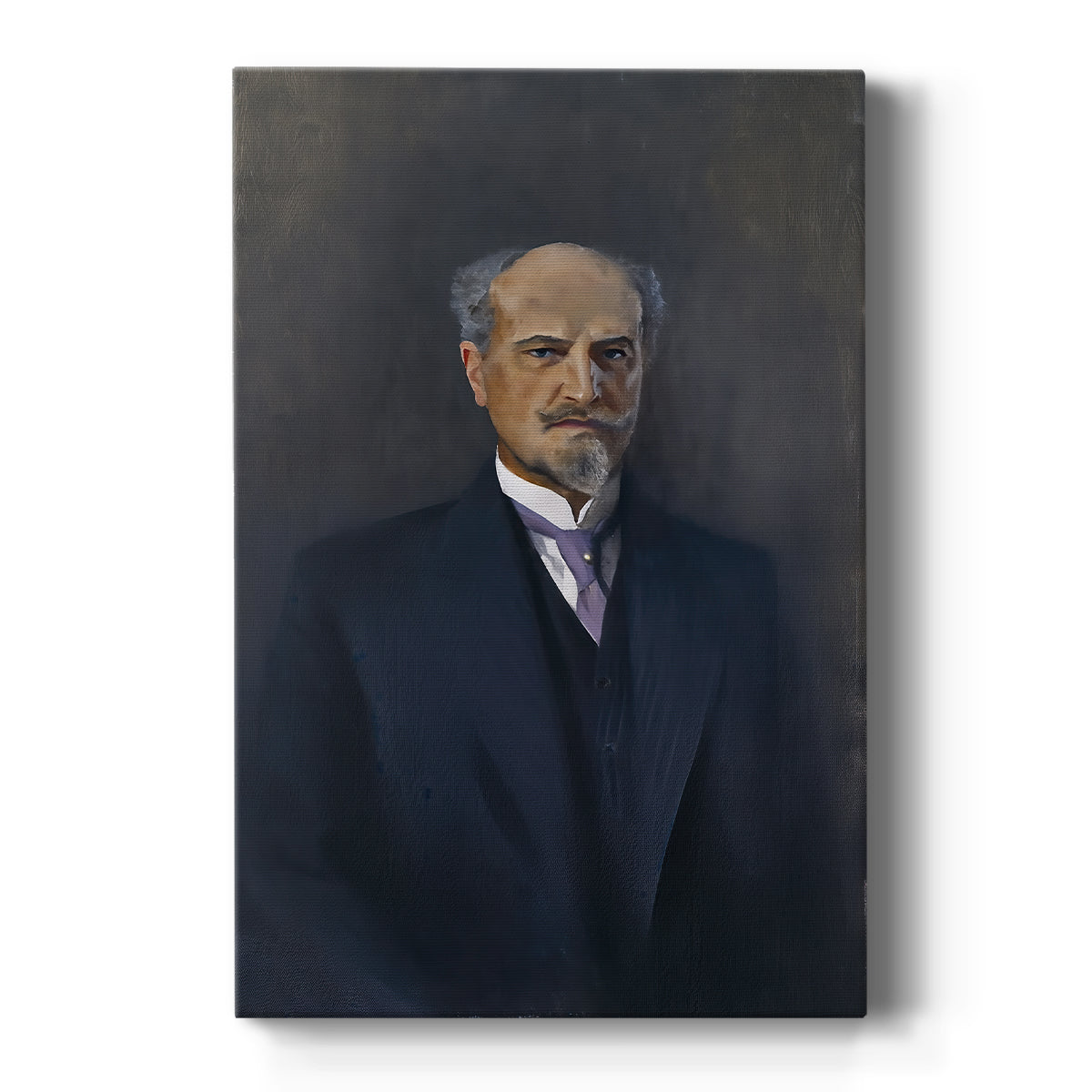 Canvas art print featuring a realistic portrait of a man in formal attire with dark background on a clean white background.