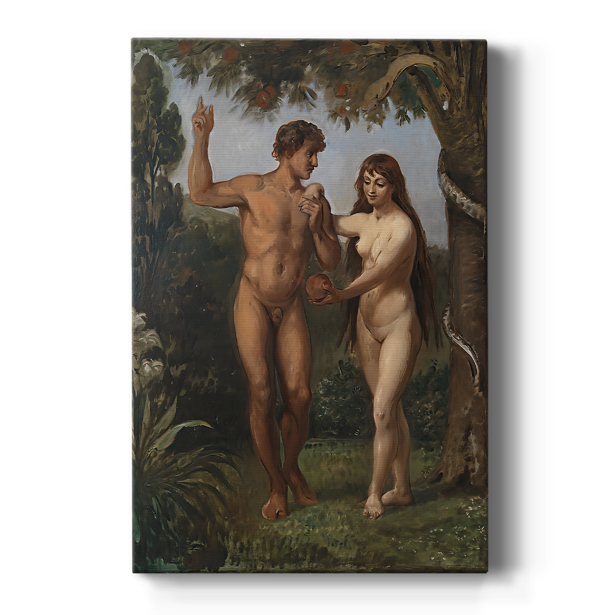 Canvas art print featuring a biblical scene of Adam and Eve in a natural setting with soft tones on a clean white background.